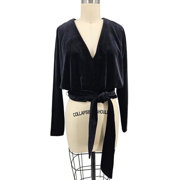 NWOT Good American Velvet Blouse Womens 0/Sm Black V Neck Front Tie Long Sleeves - Picture 1 of 9